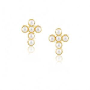 NEW SAHIRA women's pearl cross studs in gold